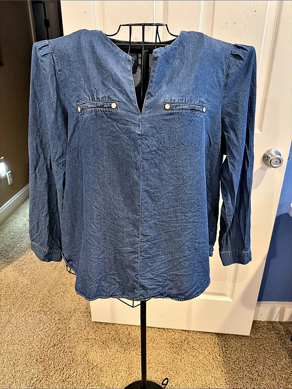 Jones New York Signature Lyocell Denim Blouse Blue Size XL Long Sleeve Top
